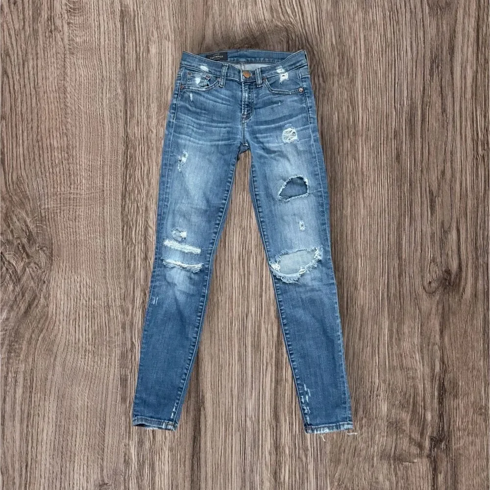 J.Crew Toothpick Skinny Jeans 25 Distressed Stretch Blue Ankle Denim